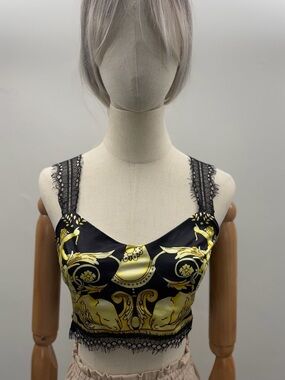 Baroque Print Crop Top Women’s M Black Gold Lace Trim Bustier Satin